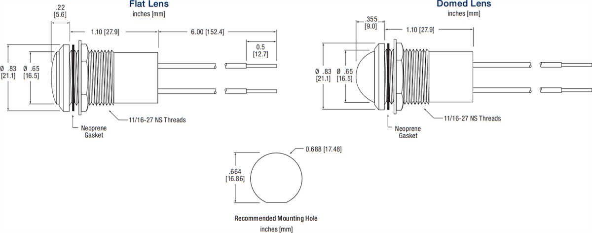 Mechanical Drawing - Dialight 657 Series Watertight LED Panel Mount Indicators