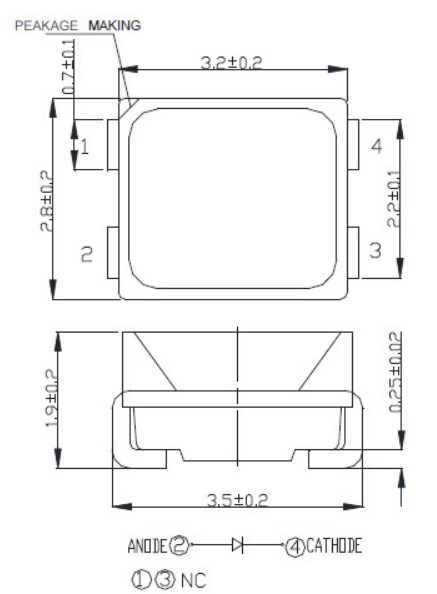 Mechanical Drawing - Cree LED CLA1B-WKW/MKW PLCC4 SMD LEDs