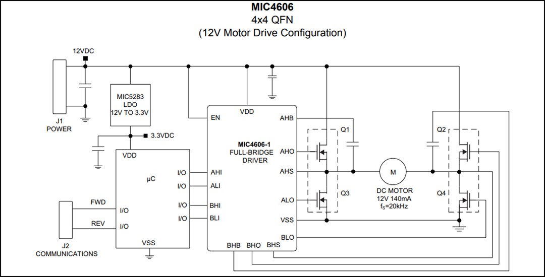 Application Circuit Diagram - Microchip Technology MIC4606 85V Full Bridge MOSFET Driver
