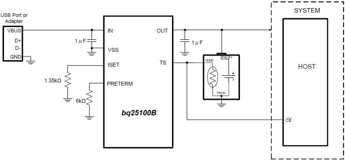 Application Circuit Diagram - Texas Instruments bq25100B Single-Cell Li-Ion Battery Charger
