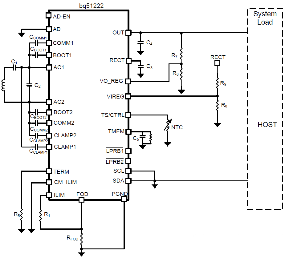 電路圖 - Texas Instruments bq51222單晶片無線電力接收器