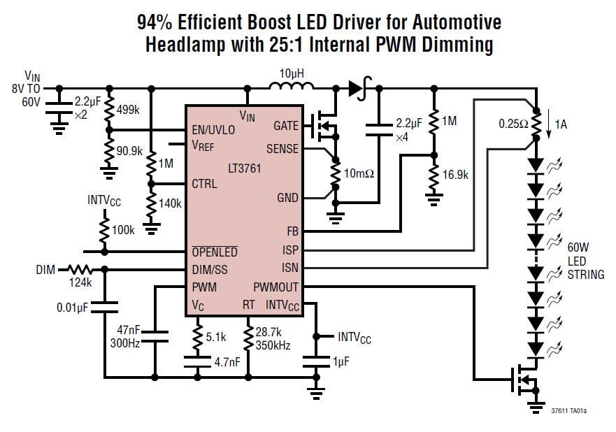 應用電路圖 - Analog Devices Inc. LT3761 LED控制器