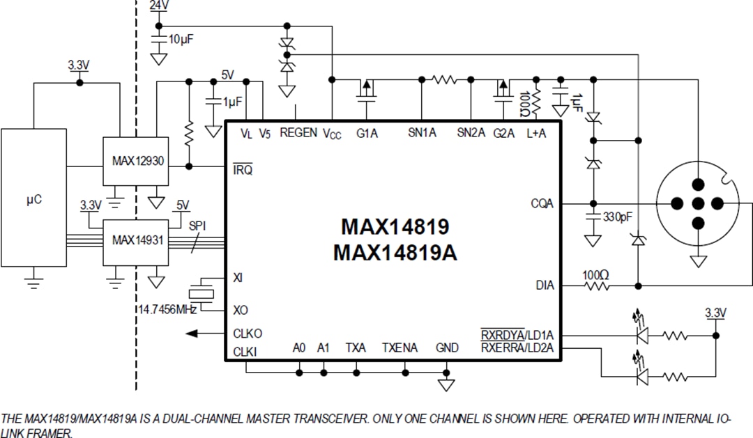 應用電路圖 - Analog Devices / Maxim Integrated MAX14819/A雙通道IO-Link主機收發器