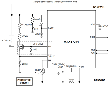 Application Circuit Diagram - Analog Devices / Maxim Integrated MAX17261 Fuel Gauge ICs