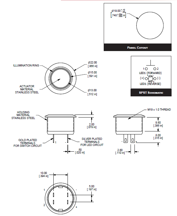 Mechanical Drawing - E-Switch PVT4 Anti-Vandal Switches