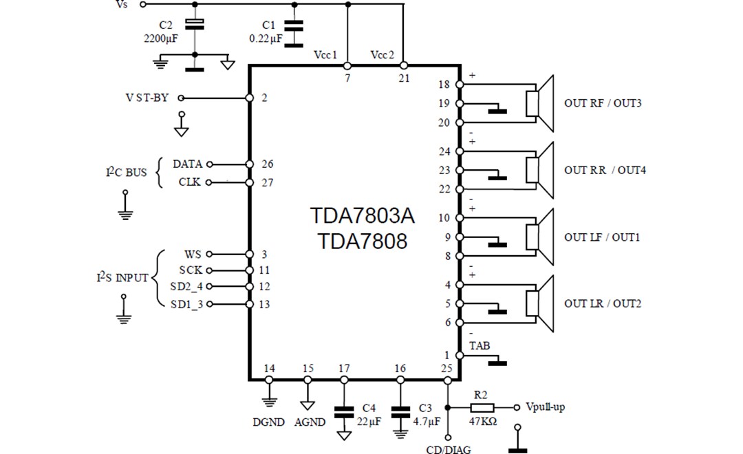 Application Circuit Diagram - STMicroelectronics EVAL-TDA7803A Evaluation Board