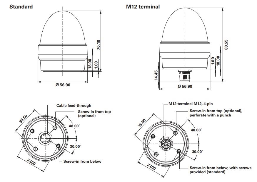 Mechanical Drawing - RAFI Tilted Diamond⁺ LED Indicators