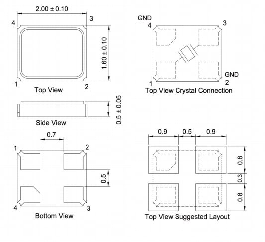 Mechanical Drawing - TXC 8Y SMD Seam Sealing Crystals