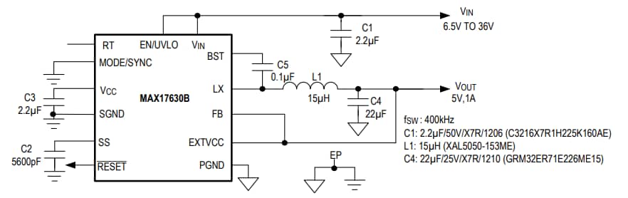 應用電路圖 - Analog Devices / Maxim Integrated MAX17630同步降壓DC-DC轉換器