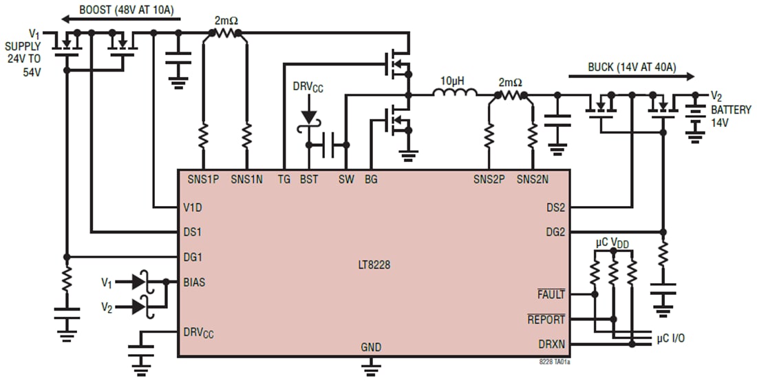 應用電路圖 - Analog Devices Inc. LT8228雙向降壓/升壓控制器