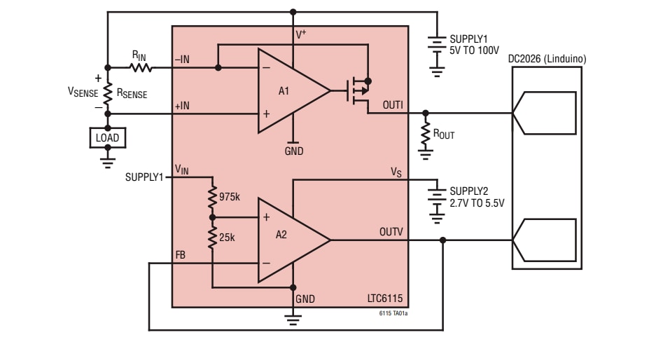應用電路圖 - Analog Devices Inc. LTC6115高側電流與電壓感測