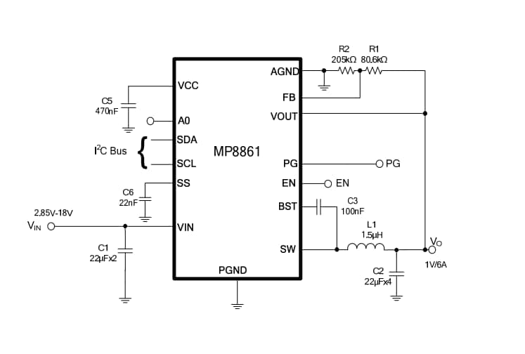 Application Circuit Diagram - Monolithic Power Systems (MPS) MP8861 Step-Down Converters w/Integrated Telemetry