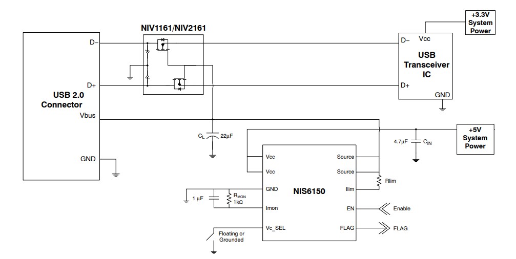 Application Circuit Diagram - onsemi NIS6150/NIV6150 +5V Electronic eFuses