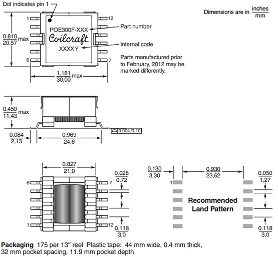 Mechanical Drawing - Coilcraft PoE300F Flyback Transformers