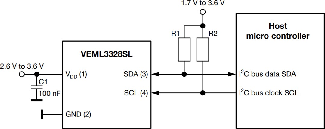 Application Circuit Diagram - Vishay VEML3328 & VEML3328SL RGBCIR Color Sensors