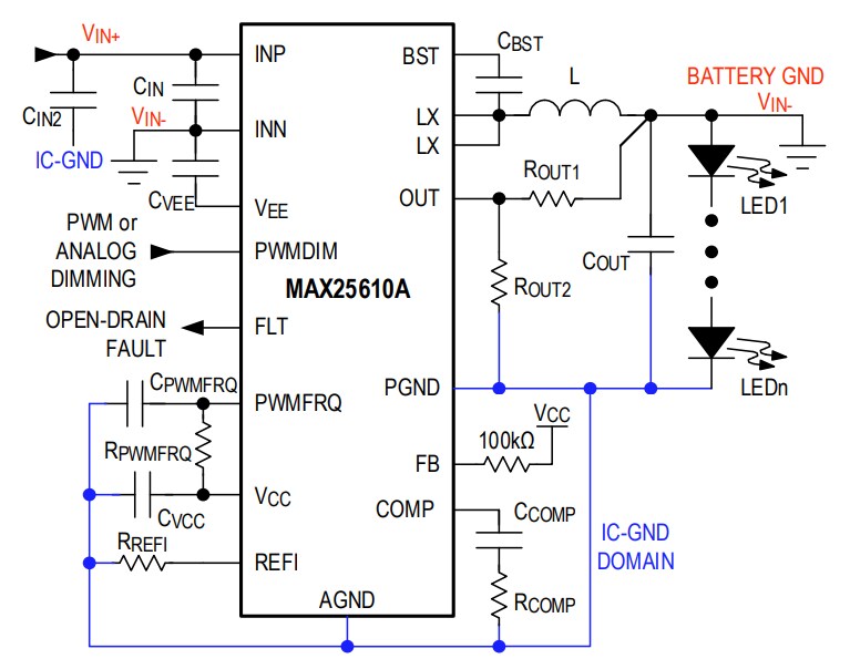 應用電路圖 - Analog Devices / Maxim Integrated MAX25610x降壓和降壓升壓LED驅動器