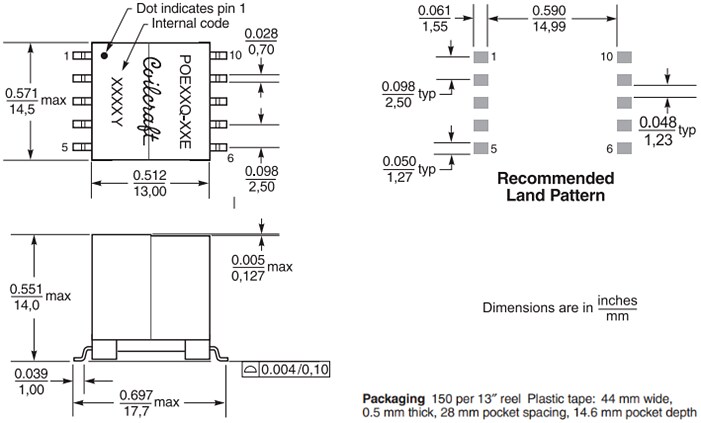 Mechanical Drawing - Coilcraft High Power Flyback Transformers for PoE
