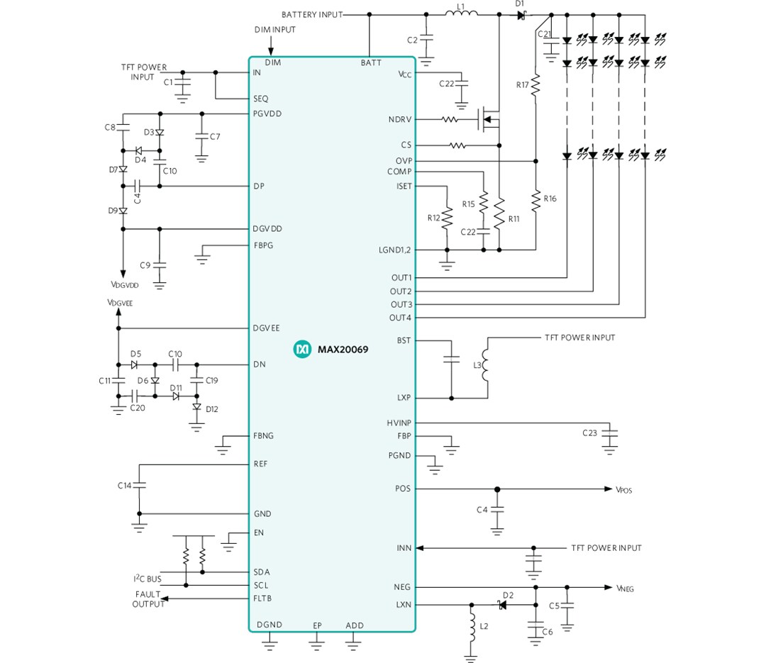 Application Circuit Diagram - Analog Devices / Maxim Integrated MAX20069 Automotive LED Backlight Driver