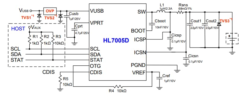 Application Circuit Diagram - Halo Microelectronics HL7005D Li-Ion Battery Switching Chargers