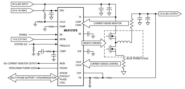 Application Circuit Diagram - Analog Devices Inc. MAX15157 60V Current Mode Buck Controllers