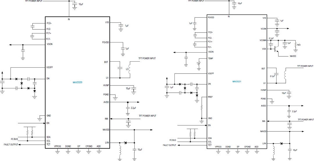 Application Circuit Diagram - Analog Devices Inc. MAX25220/1/1B Automotive 4-Ch TFT-LCD Power ICs
