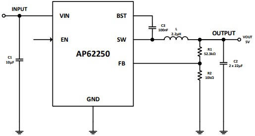 Application Circuit Diagram - Diodes Incorporated AP62250 Synchronous Buck Converters