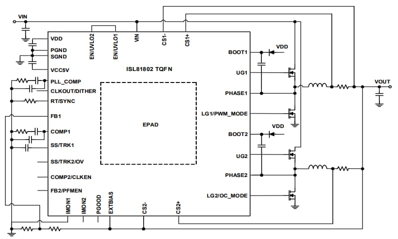應用電路圖 - Renesas Electronics ISL81802雙同步降壓控制器
