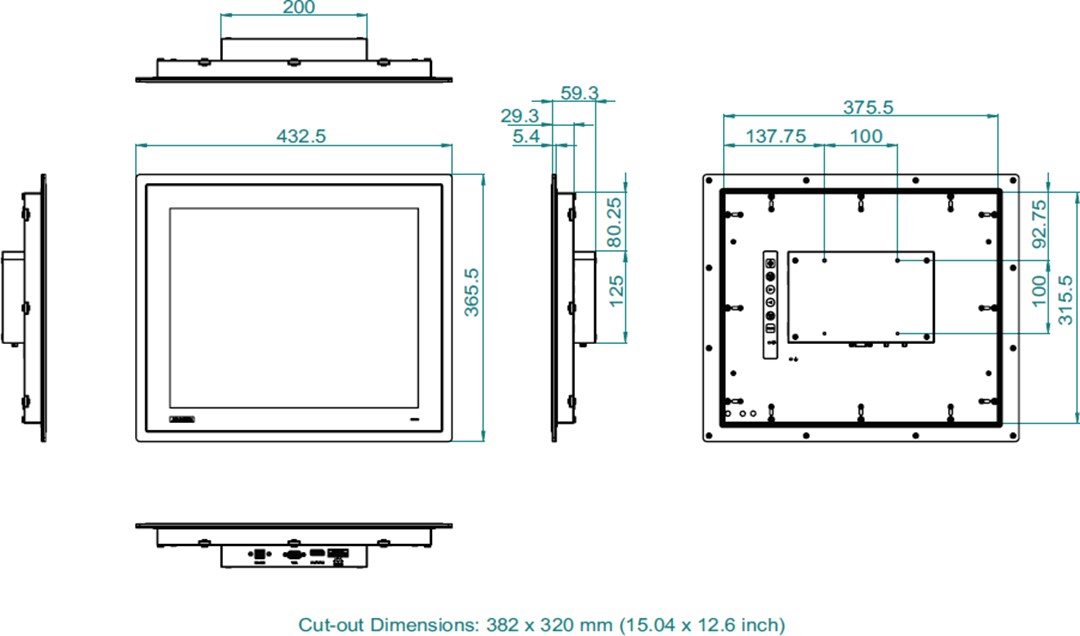Mechanical Drawing - Advantech FPM-800S Industrial Monitors