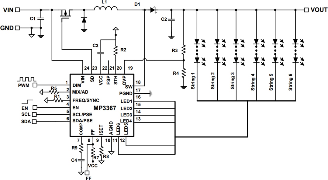 Application Circuit Diagram - Monolithic Power Systems (MPS) MP3367 & MPQ3367 6-Channel Boost WLED Drivers