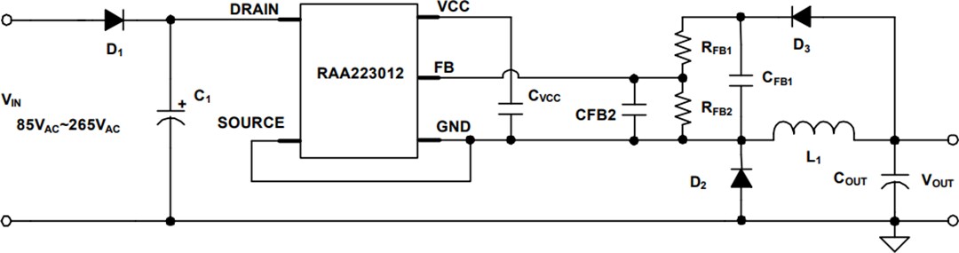 Application Circuit Diagram - Renesas Electronics RAA223012 700V Non-Isolated AC-DC Buck Regulator