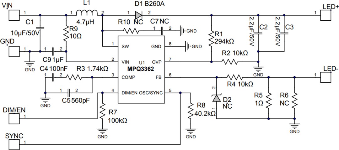 Schematic - Monolithic Power Systems (MPS) EVQ3362-J-00A LED Driver Evaluation Board
