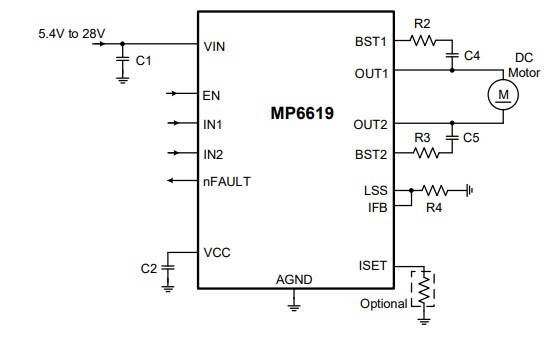 Application Circuit Diagram - Monolithic Power Systems (MPS) MP6619 H-Bridge Motor Drivers