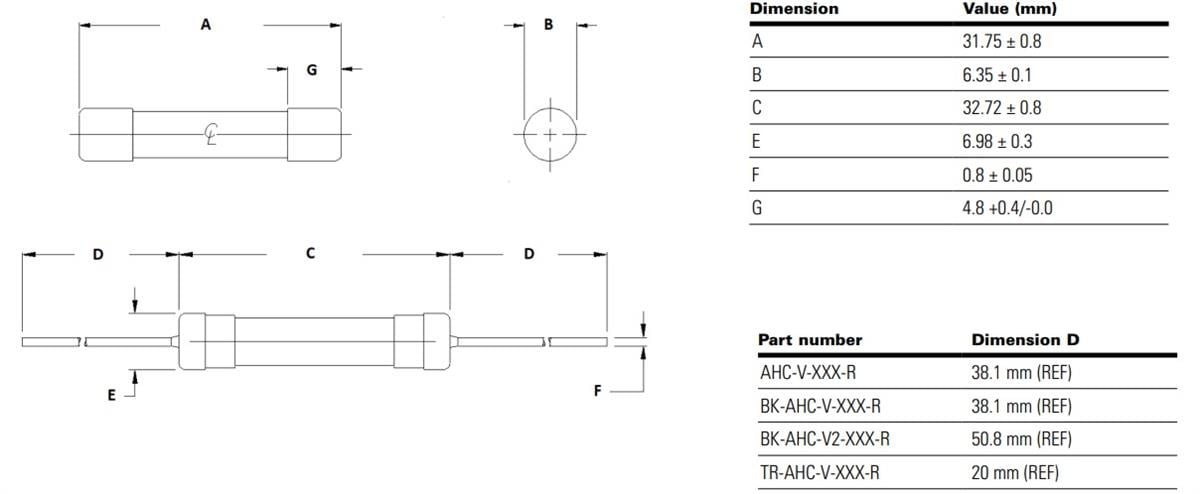 Mechanical Drawing - Eaton Electronics AHC High Voltage Tube Fuses