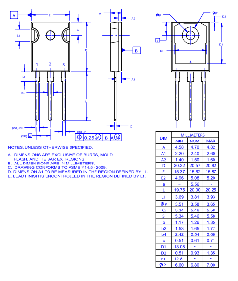 Mechanical Drawing - onsemi FGHL50T65MQDTx Field Stop Trench IGBTs