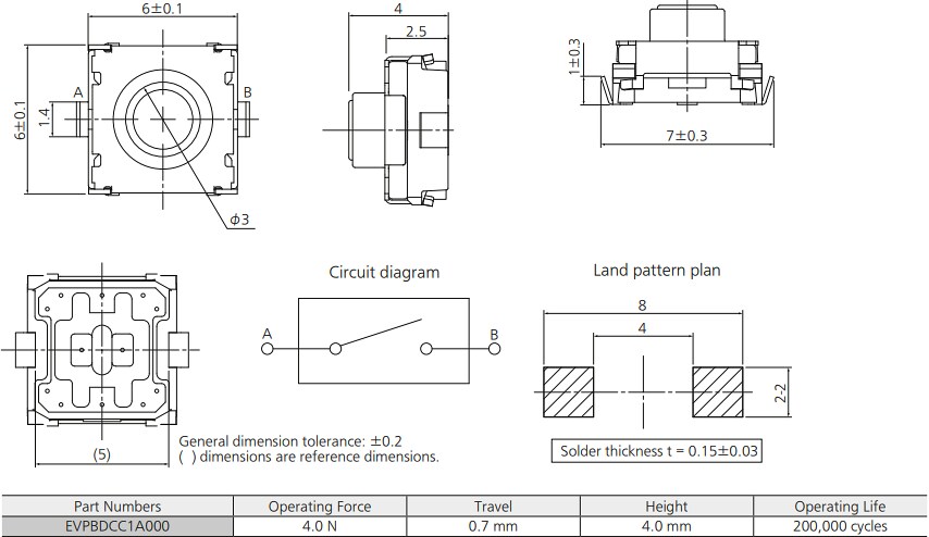 Panasonic Electronic Components EVP-BD 6mm 4N Square Tactile Switch
