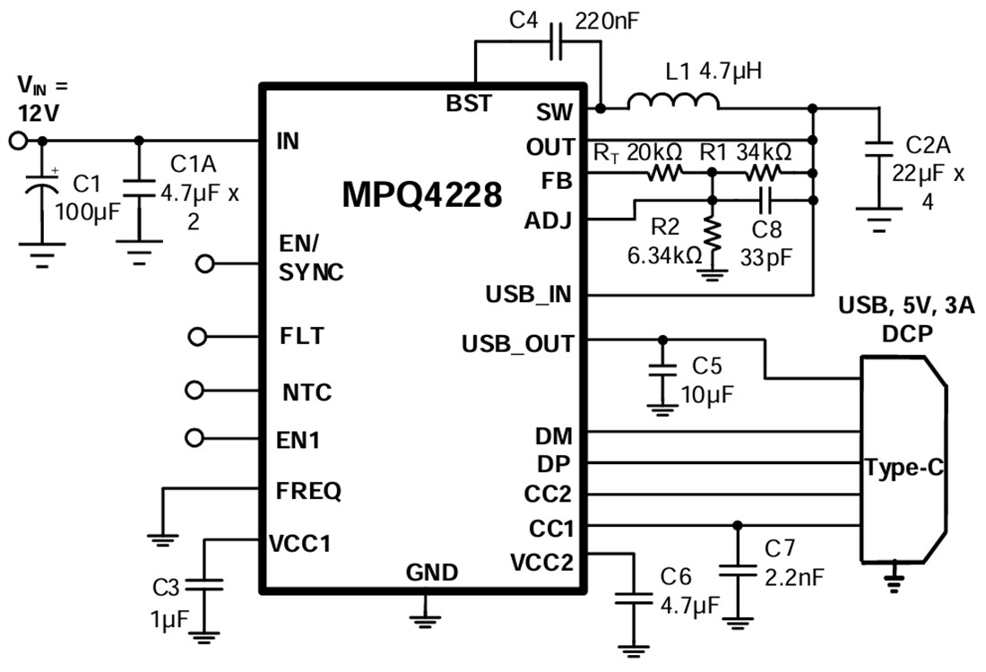 Application Circuit Diagram - Monolithic Power Systems (MPS) MPQ4228 Buck Converter with USB Charging Port