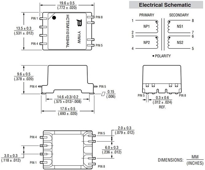 Mechanical Drawing - Bourns HCTSM110103HAL HCT Transformer
