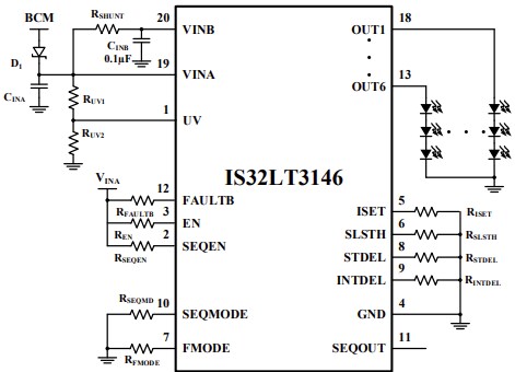 Application Circuit Diagram - Lumissil IS32LT3146 Six-Channel Linear LED Driver
