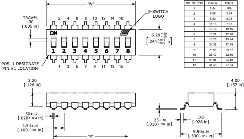 Mechanical Drawing - E-Switch KAG Series DIP Switches