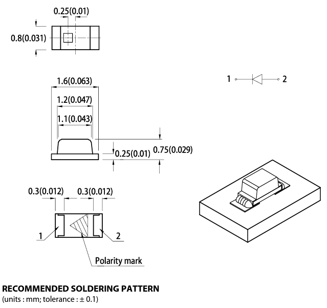 Mechanical Drawing - Kingbright APT1608 Single Color LEDs