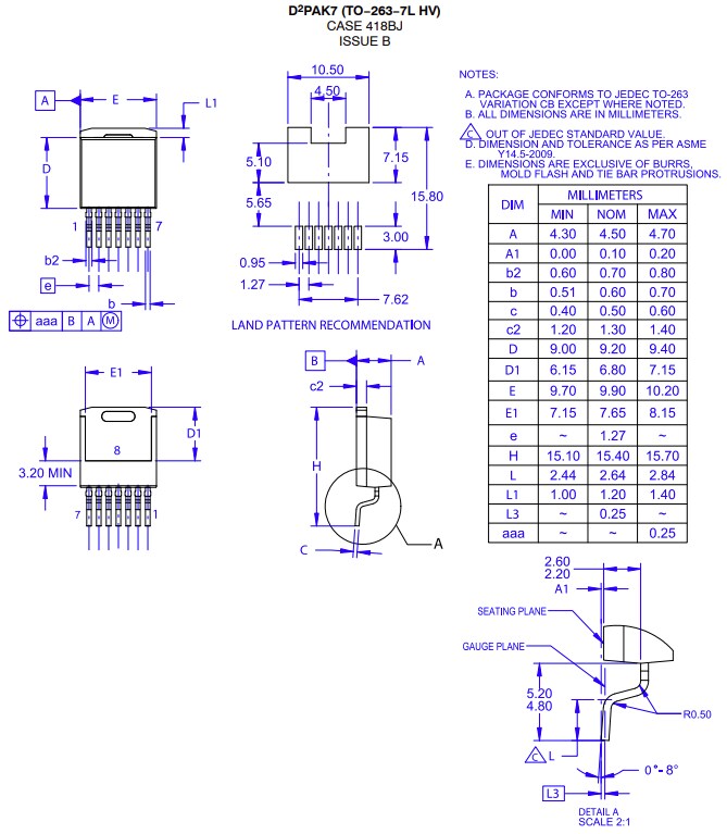 Mechanical Drawing - onsemi NVBG070N120M3S Silicon Carbide (SiC) MOSFET