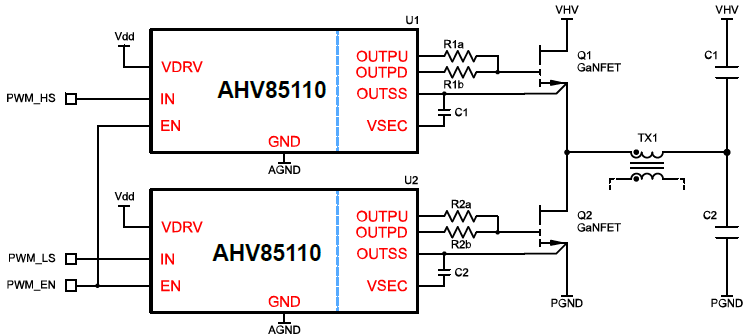 應用電路圖 - Allegro MicroSystems AHV85110隔離式GaNFET閘極驅動器