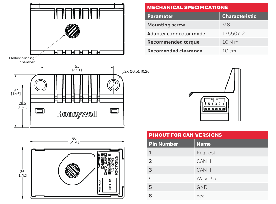 Mechanical Drawing - Honeywell BAS Battery Safety Aerosol Sensors