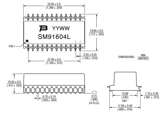 Mechanical Drawing - Bourns SM91604L LAN Gigabit Ethernet Transformer