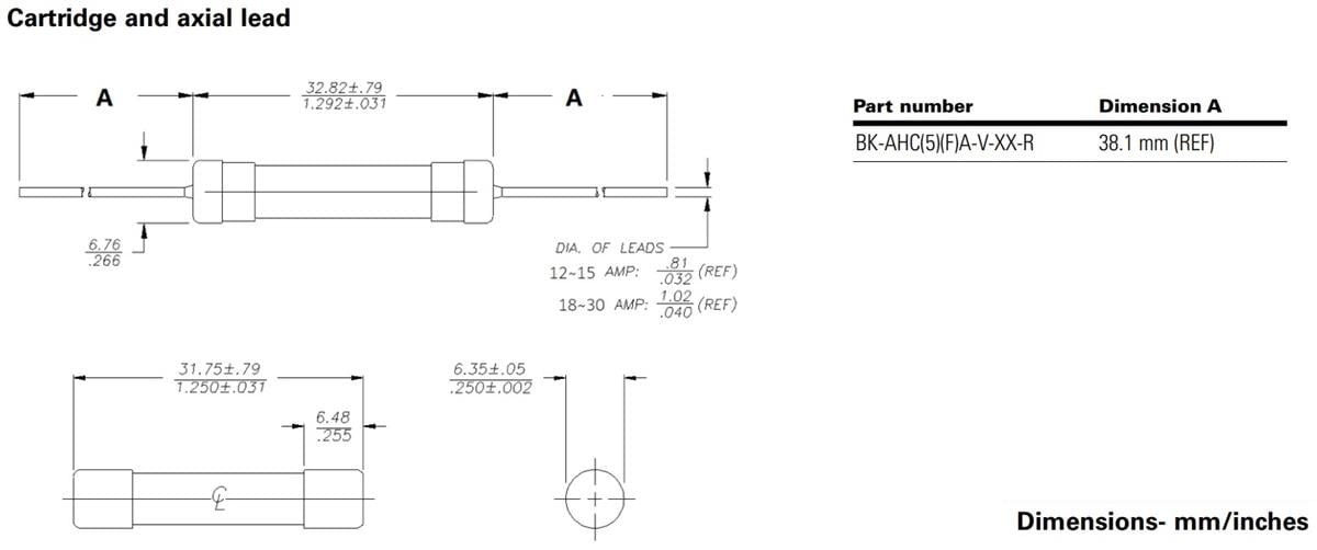 Mechanical Drawing - Eaton Electronics AHCA/AHC5A/AHCFA High-Voltage Ceramic Tube Fuses