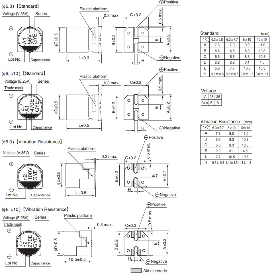 Mechanical Drawing - Nichicon GYE Conductive Polymer Hybrid Capacitors