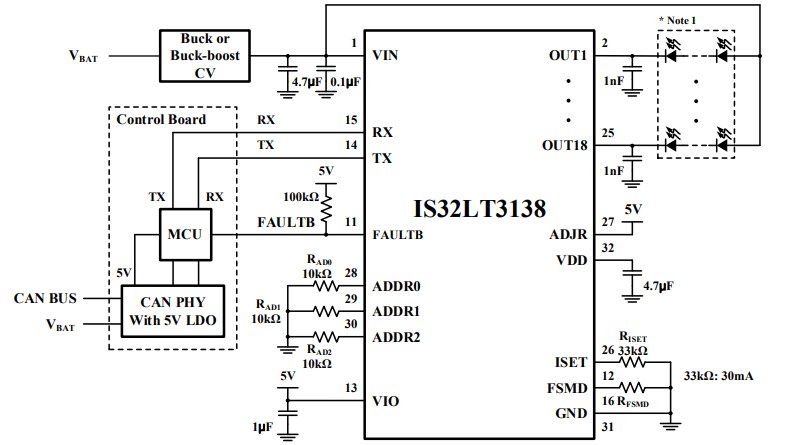 Application Circuit Diagram - Lumissil IS32LT3138 Linear LED Driver
