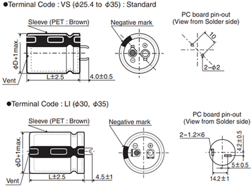 Mechanical Drawing - Chemi-Con LVA Aluminum Electrolytic Capacitors