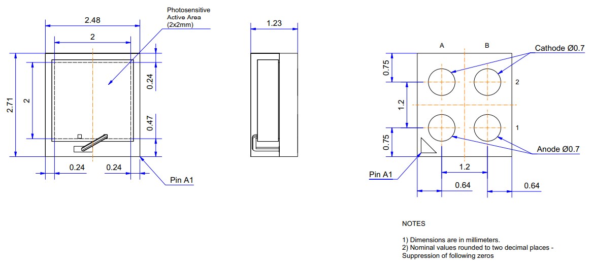 Mechanical Drawing - Broadcom AFBR-S4N22P014M NUV-MT Photomultiplier Array