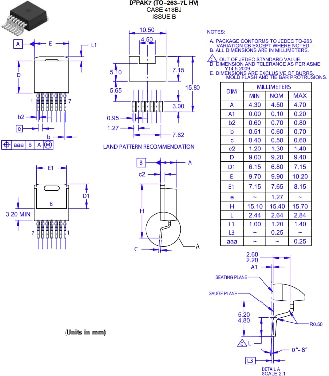 Mechanical Drawing - onsemi NTBG023N065M3S 23mΩ EliteSiC MOSFET